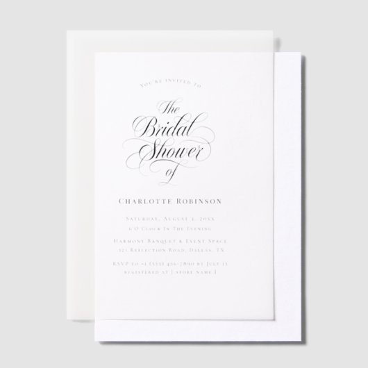 シンプル モダン ウェディング ウィムジー スクリプト ブライダル シャワー ベラム紙招待状 (オフセット)