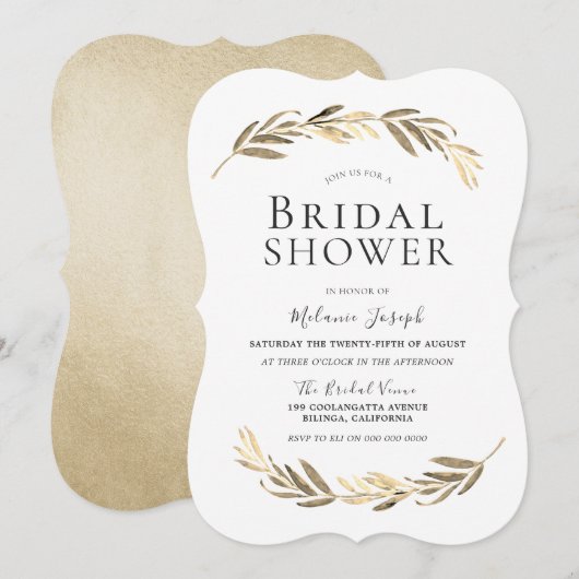 シンプル モダン エレガント ゴールド リーフ ブライダル シャワー 招待状 (正面/裏面)