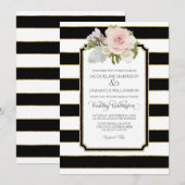 シンプル モダン エレガント ブラック ホワイト ストライプ ゴールド 招待状 (正面/裏面)