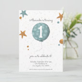 シンプル モダン オレンジ ブルー バルーン 1歳 誕生日 招待状 (スタンド正面)