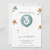 シンプル モダン オレンジ ブルー バルーン 3歳 誕生日 招待状 (正面)