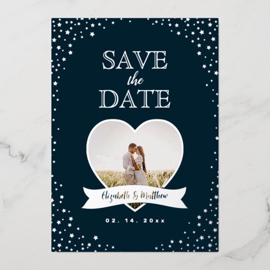 シンプル モダン カップル フォト ウェディング セーブ ザ デート 箔招待状 (正面)