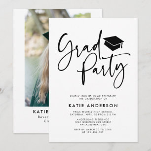 シンプル モダン カリグラフィー 卒業パーティー フォト 招待状