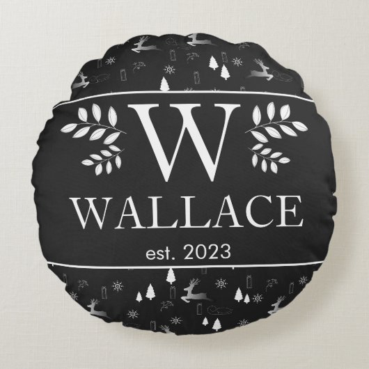 シンプル モダン クリスマス モノグラム 新婚 フォト ラウンドクッション (正面)