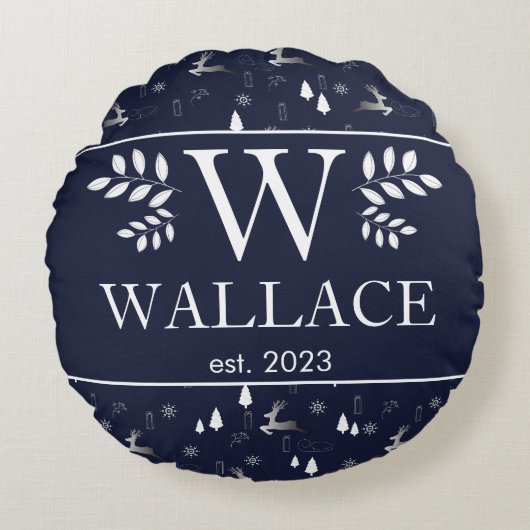 シンプル モダン クリスマス モノグラム 新婚 フォト ラウンドクッション (正面)