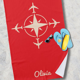 シンプル モダン コンパスと飛行機の旅行カスタム ビーチタオル