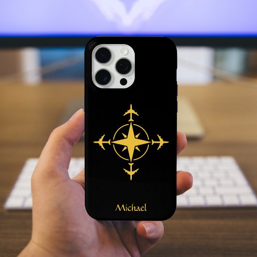 シンプル モダン コンパスと飛行機、トラベル カスタム Case-Mate iPhoneケース