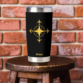 シンプル モダン コンパスと飛行機、旅行カスタム 保温保冷タンブラー