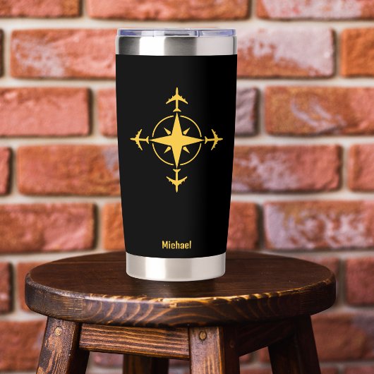 シンプル モダン コンパスと飛行機、旅行カスタム 保温保冷タンブラー