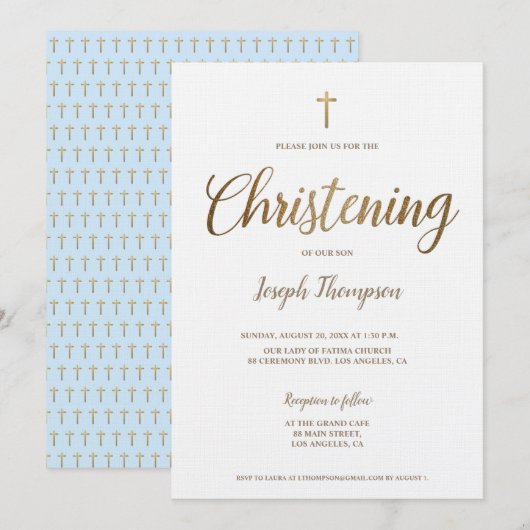シンプル モダン ゴールド クロス 男の子 青 洗礼 招待状 (正面/裏面)