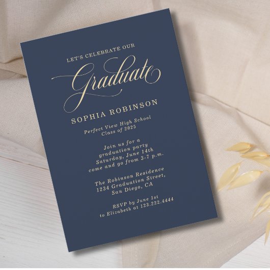 シンプル モダン ゴールド ブルー 卒業パーティー 招待状