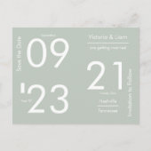 シンプル モダン サージグリーン タイポグラフィー セーブ・ザ・デート 案内ポストカード (正面)