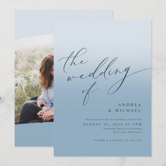 シンプル モダン ダスティーブルー ネイビー フォト ウェディング 招待状 (正面/裏面)