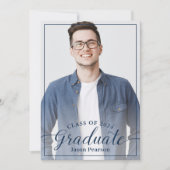 シンプル モダン ネイビーブルー スクリプト 卒業写真 招待状 (正面)