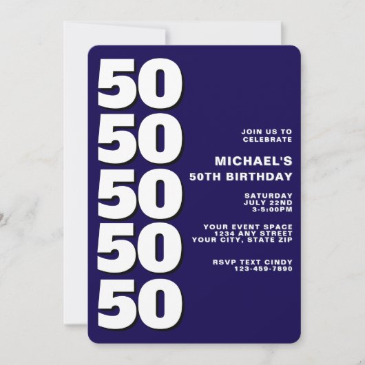 シンプル モダン ネイビーブルー 50歳の誕生日 招待状 (正面)