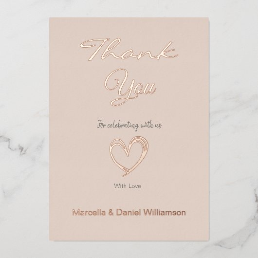 シンプル モダン ハート＆スクリプト サンクスカード 箔招待状 (正面)