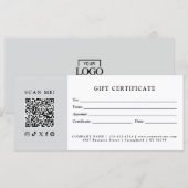 シンプル モダン ビジネス QR コード ギフト 証明書 (正面/裏面)