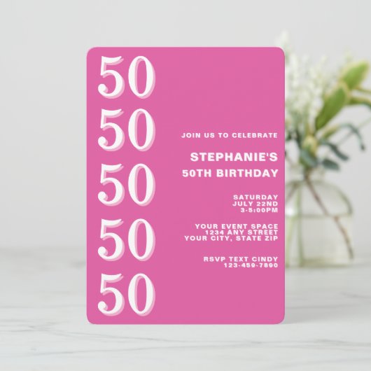 シンプル モダン ピンクの節目 50歳の誕生日 招待状 (スタンド正面)