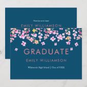 シンプル モダン ピンク ブロッサム フラワーの卒業パーティー 招待状 (正面/裏面)