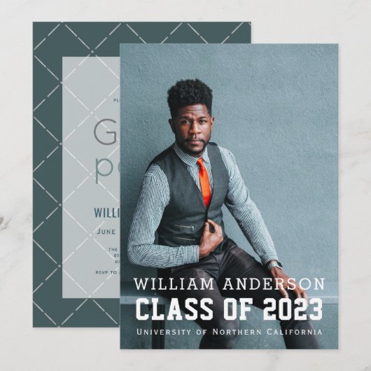 シンプル モダン フォト ネイビーブルー 卒業パーティー 招待状 (正面/裏面)