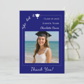 シンプル モダン フォト ブルー 卒業 彼女はやり遂げた サンキューカード (スタンド正面)