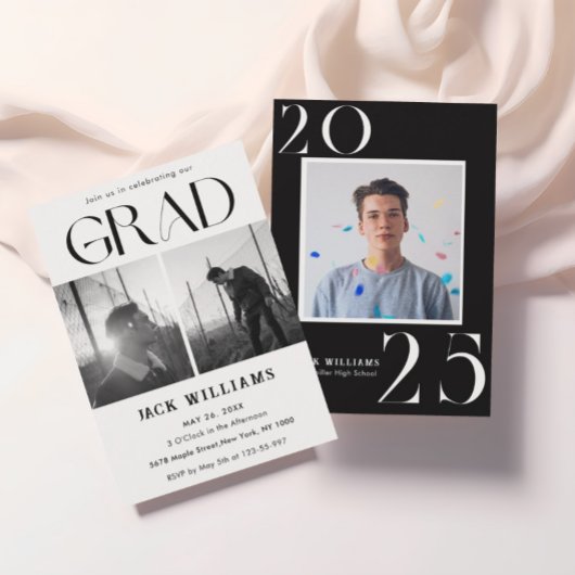 シンプル モダン ブラック アンド ホワイト, 卒業パーティー 2025 招待状