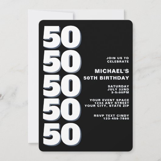 シンプル モダン ブラック&ホワイト 50歳の誕生日 招待状 (正面)