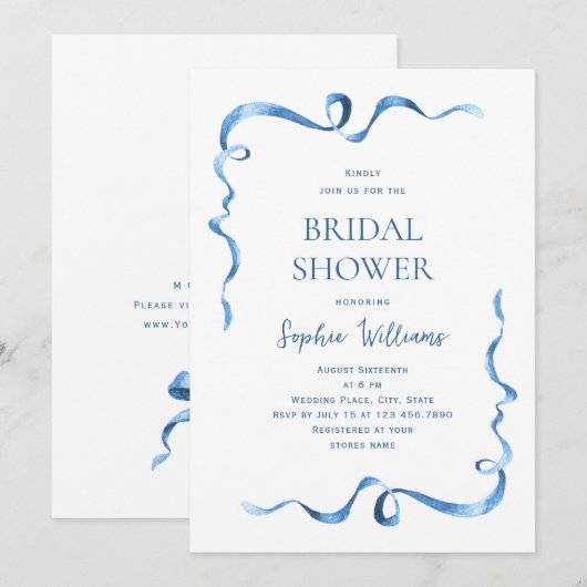 シンプル モダン ブルー 手描き リボン ブライダル シャワー 招待状 (正面/裏面)