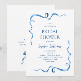シンプル モダン ブルー 手描き リボン ブライダル シャワー 招待状