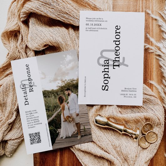 シンプル モダン ミニマリスト ウェディング QR コード フォト 招待状