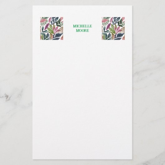 シンプル モダン ミニマリスト 名前 花 緑の植物 便箋 (正面)