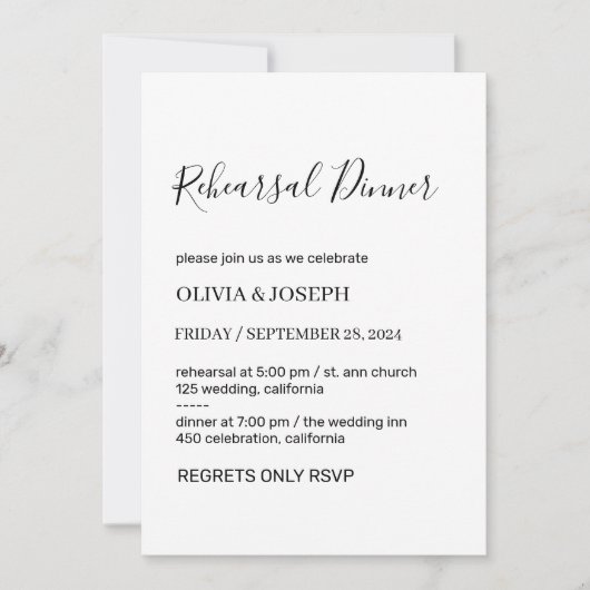 シンプル モダン & ミニマル ホワイト リハーサル ディナー 招待状 (正面)
