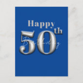 シンプル モダン ロイヤルブルーとシルバー 50歳の誕生日 ポストカード (正面)
