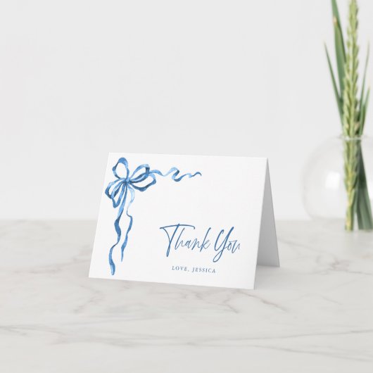 シンプル モダン 水彩 ブルー 手描き リボン サンキューカード (正面)