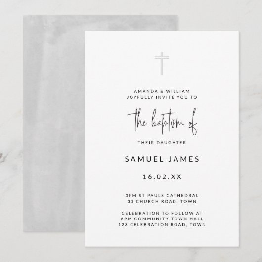 シンプル モダン 水彩 手書き グレー 洗礼 招待状 (正面/裏面)