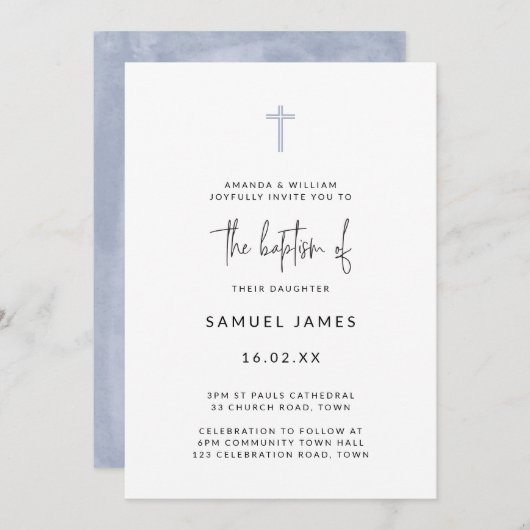 シンプル モダン 水彩 手書き 青 洗礼 招待状 (正面/裏面)