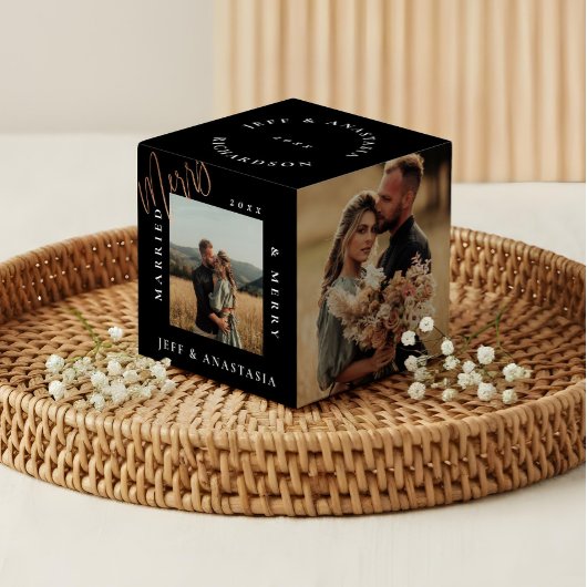 シンプル モダン 結婚記念 クリスマス ゴールド スクリプト フォトキューブ