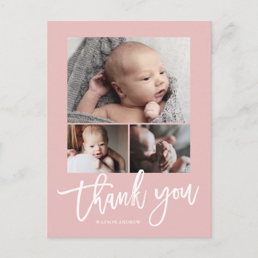 シンプル モダン 3 フォト コラージュ ベビー フォト サンクス ポストカード (正面)