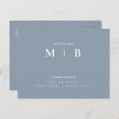 シンプル&モノグラお洒落ムダスティブルー日付の変更 案内ポストカード (正面/裏面)