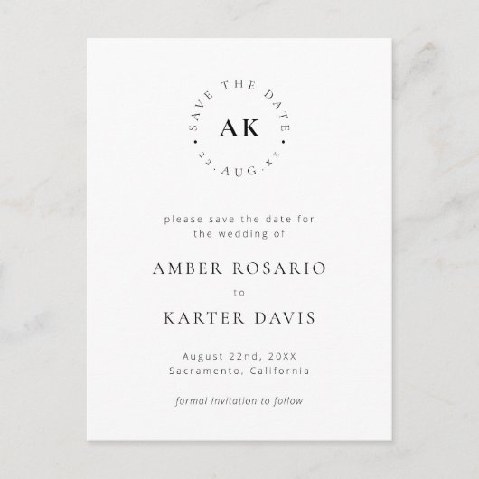 シンプル モノグラム サークル 現代 ミニマル フォント 案内ポストカード (正面)