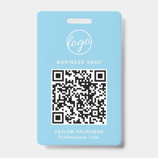 シンプル ライトブルー QR コード 従業員 ID バッジ (正面)
