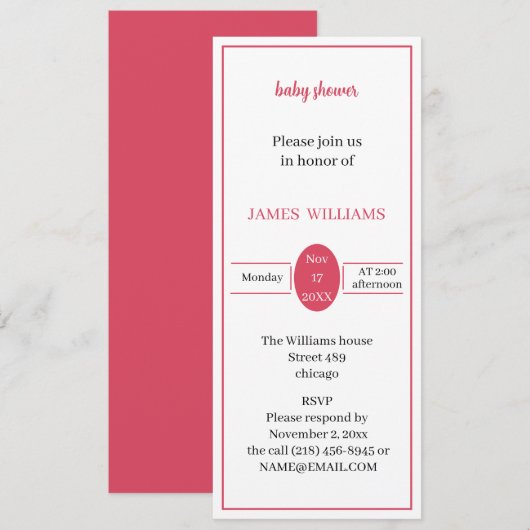 シンプル ライト レッド ベビーシャワー カスタム 招待状 (正面/裏面)