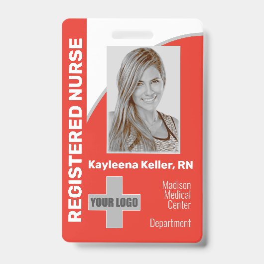 シンプル・ライト・レッド・ロゴ・バーコードID登録ナース バッジ (表面)