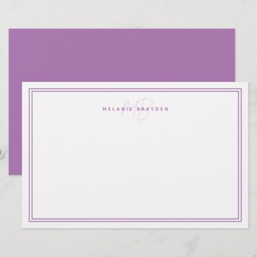 シンプル ラベンダー ミニマリスト モノグラム ツー ボーダー 便箋 (正面/裏面)
