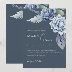 シンプル ロイヤルブルー ローズ フラワーの結婚式 招待状
