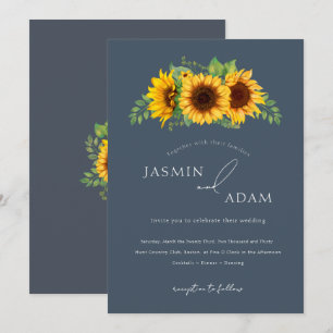 シンプル ロイヤルブルー 豪華 ひまわり ボヘミアンスタイル ウェディング 招待状