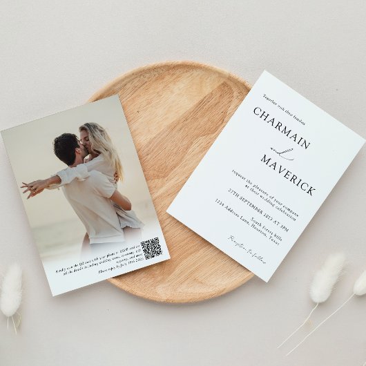 シンプル ロマンチック フォト タイポグラフィー QRコード ウェディング 招待状