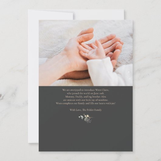 シンプル・ワイルドフラワーズの卵形写真誕生の発表 招待状 (裏面)