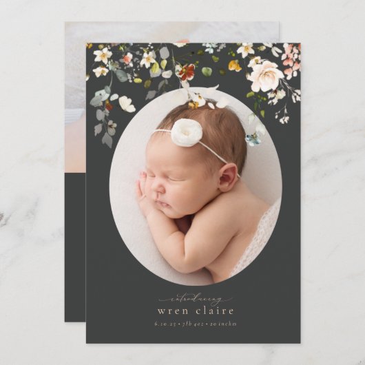シンプル・ワイルドフラワーズの卵形写真誕生の発表 招待状 (正面/裏面)