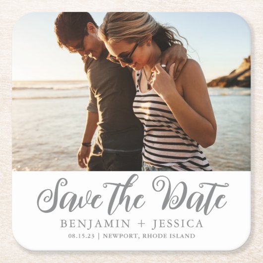 シンプル ワンフォト ウェディング セーブ・ザ・デート スクエアペーパーコースター (正面)